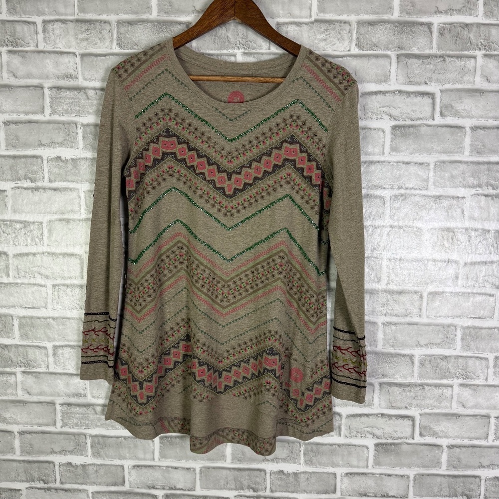 Double D Rancher Beaded Southwestern Print Long Sleeve T-Shirt Womens XS Western